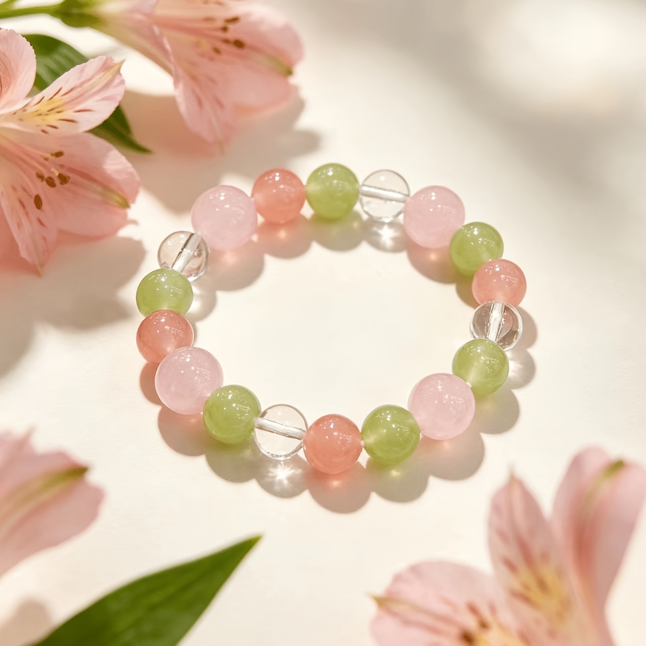 Boho Pastel Pink Green Crystal Beaded Bracelet, Handmade
